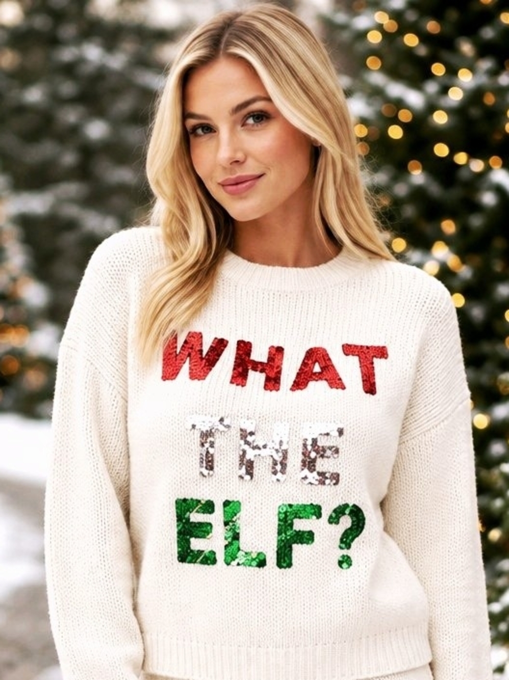 Heart Soul Cream Sequin 'What The Elf?' Crewneck Sweater